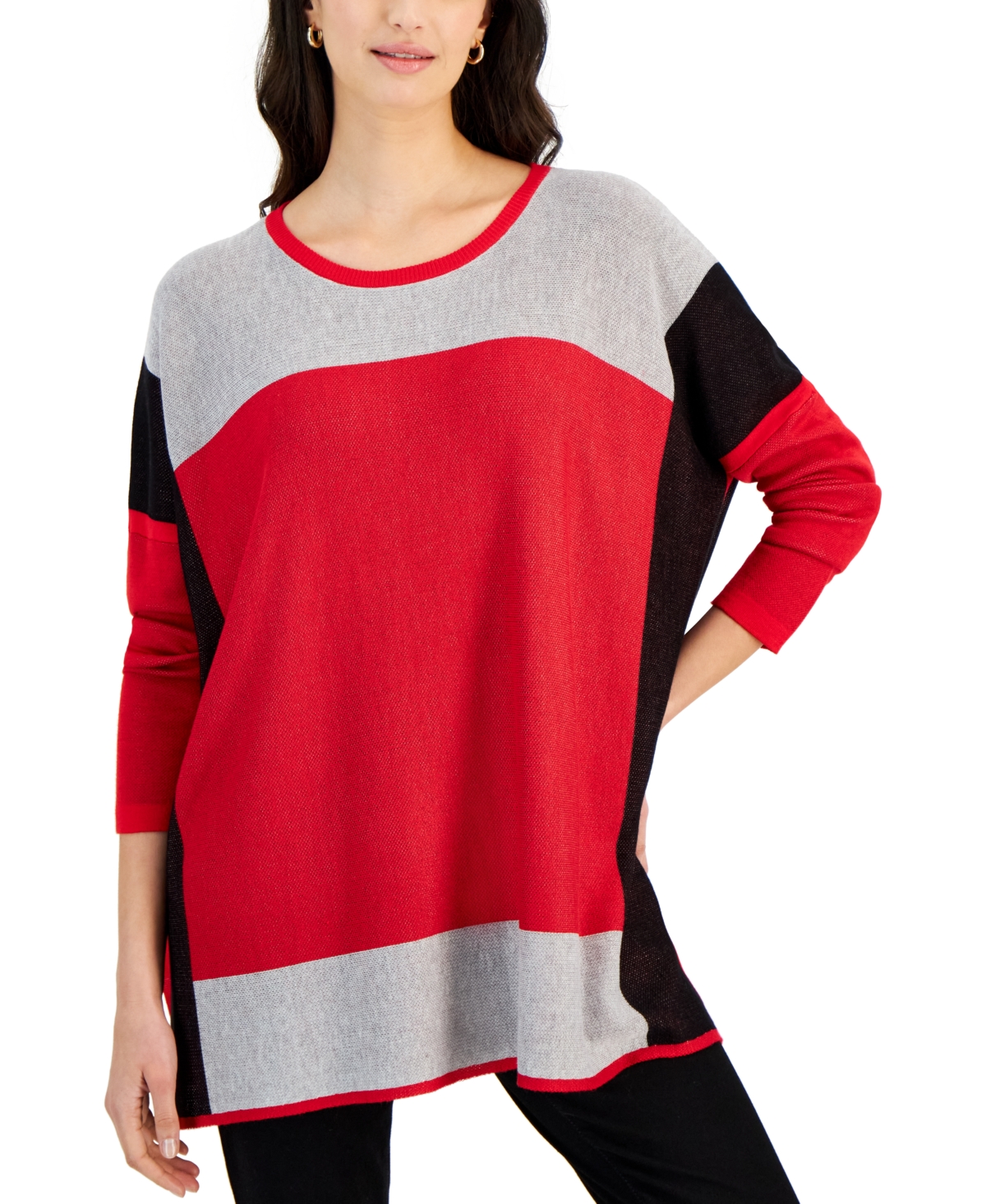 Women's Crewneck Colorblocked Poncho Sweater - Cherry  Black