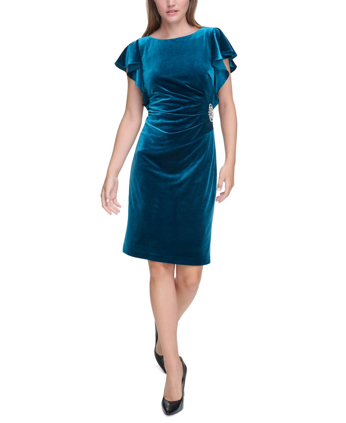 Jessica Howard Petite Velvet Ruffle-sleeve Dress With Broach In Peacock