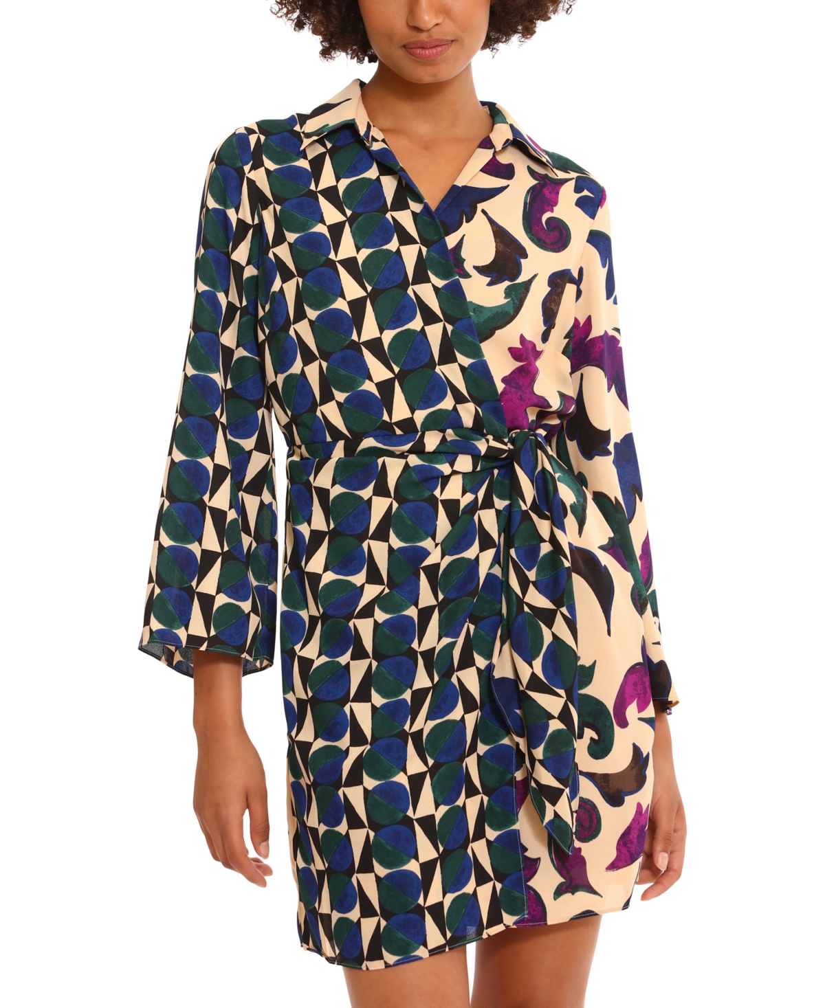 Shop Donna Morgan Women's Mixed-print Side-tie Mini Dress In Bone,pine
