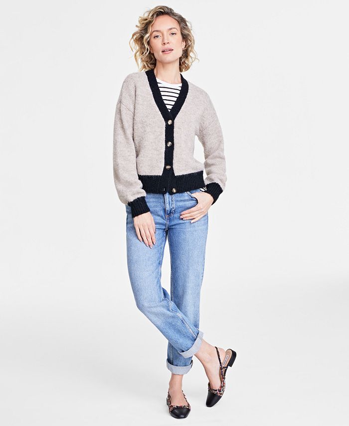 On 34th Women's V-Neck Contrast-Edge Long-Sleeve Cardigan, Created for ...