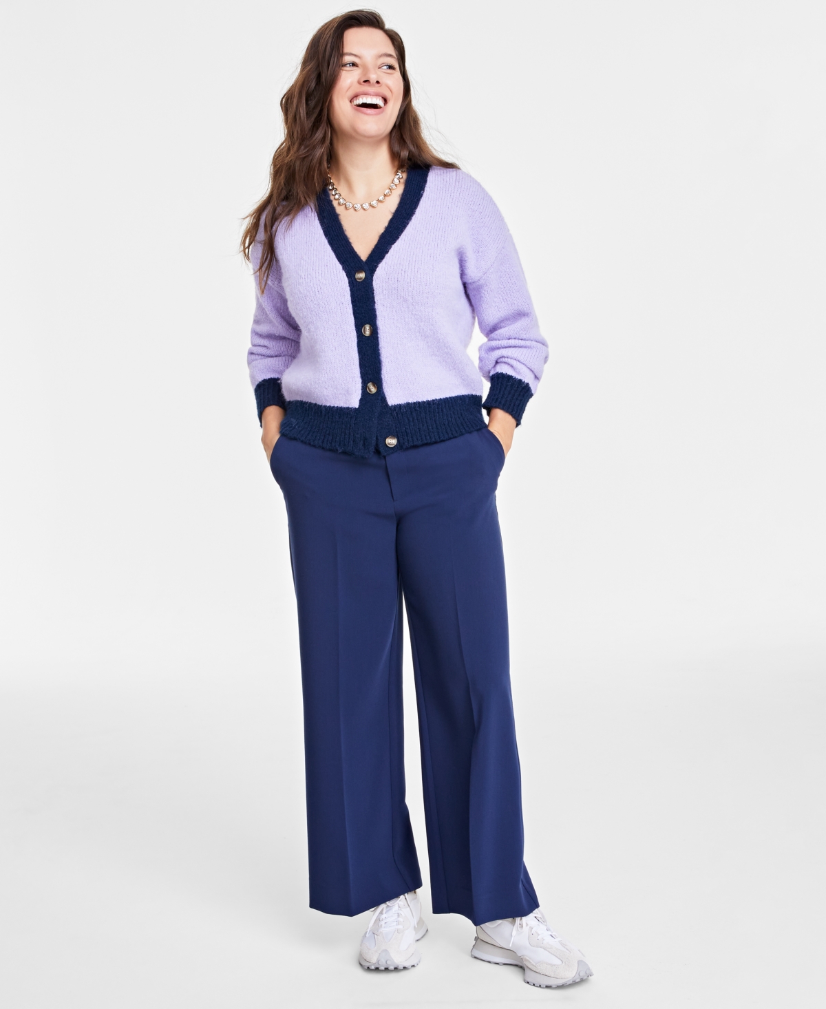 On 34th Women's V-neck Contrast-edge Long-sleeve Cardigan, Created For Macy's In Lavender Combo