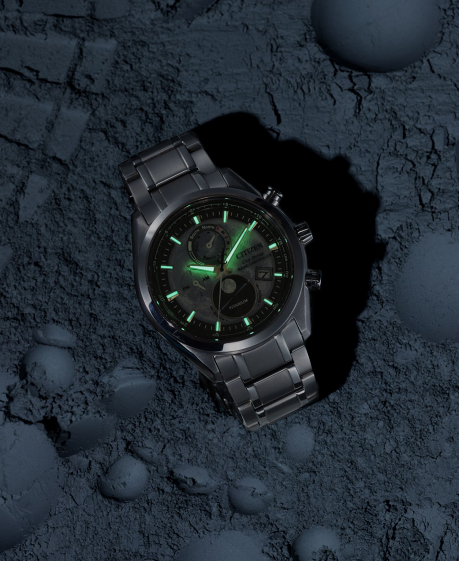 Men's Tsuki-yomi A-T Chronograph Sport Luxury Eco-Drive Silver-Tone Titanium Bracelet Watch 43mm