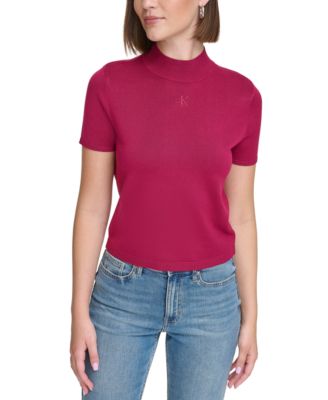 Calvin Klein Jeans - Women's Solid Embroidered-Logo Mock-Neck Cropped Top