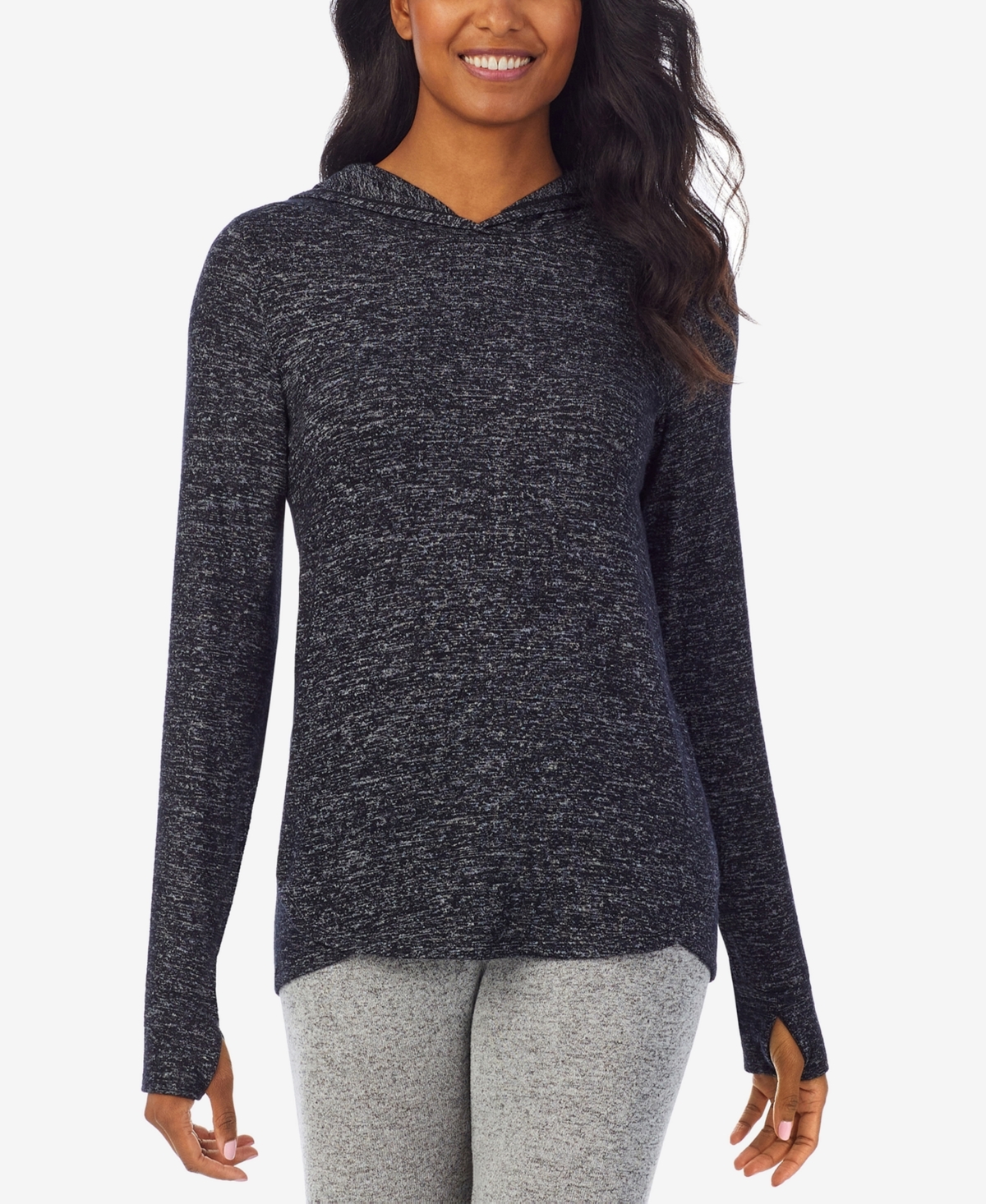 Cuddl Duds Petite Soft Knit Long-sleeve Tunic Hoodie In Marled Dark Charcoal
