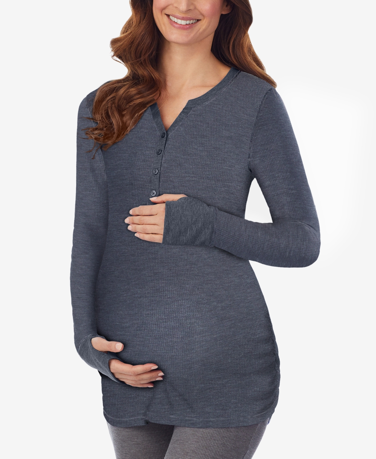 Cuddl Duds Petite Thermal Long-sleeve Henley Maternity Top In Navy Blazer Heather