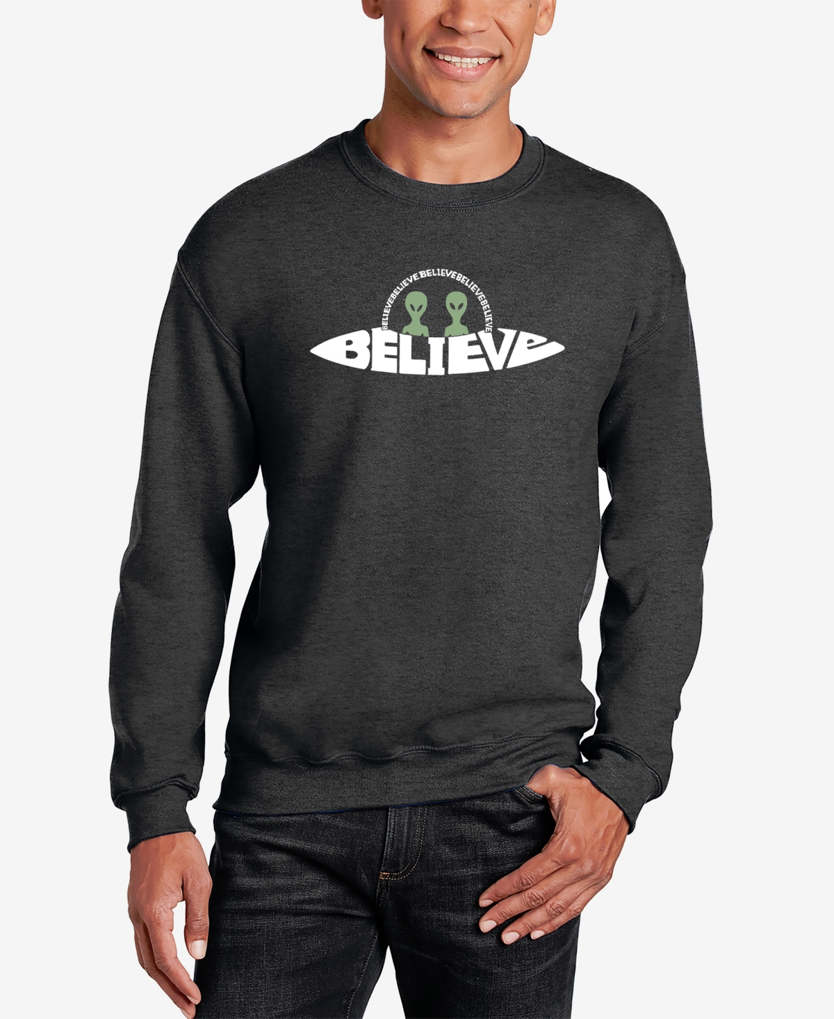 La Pop Art Men's Believe Ufo Word Art Crewneck Sweatshirt