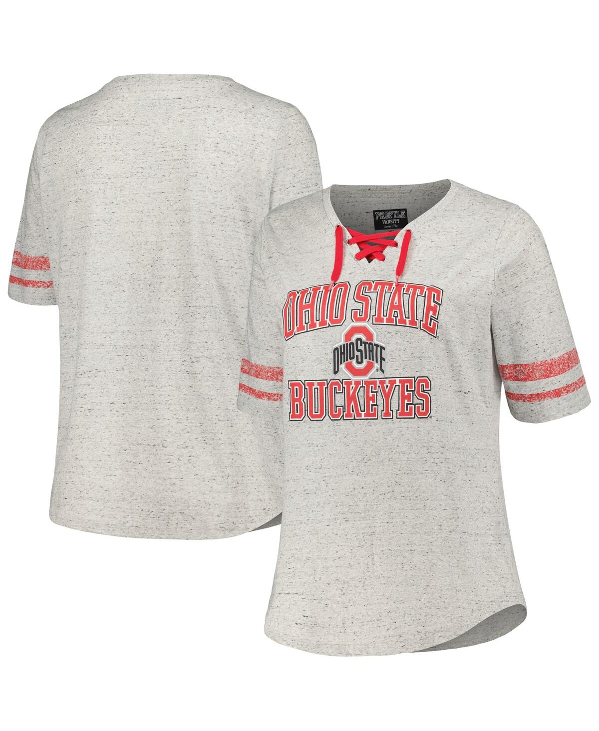 Women's Profile Heather Gray Ohio State Buckeyes Plus Size Striped Lace-Up T-shirt - Heather Gray