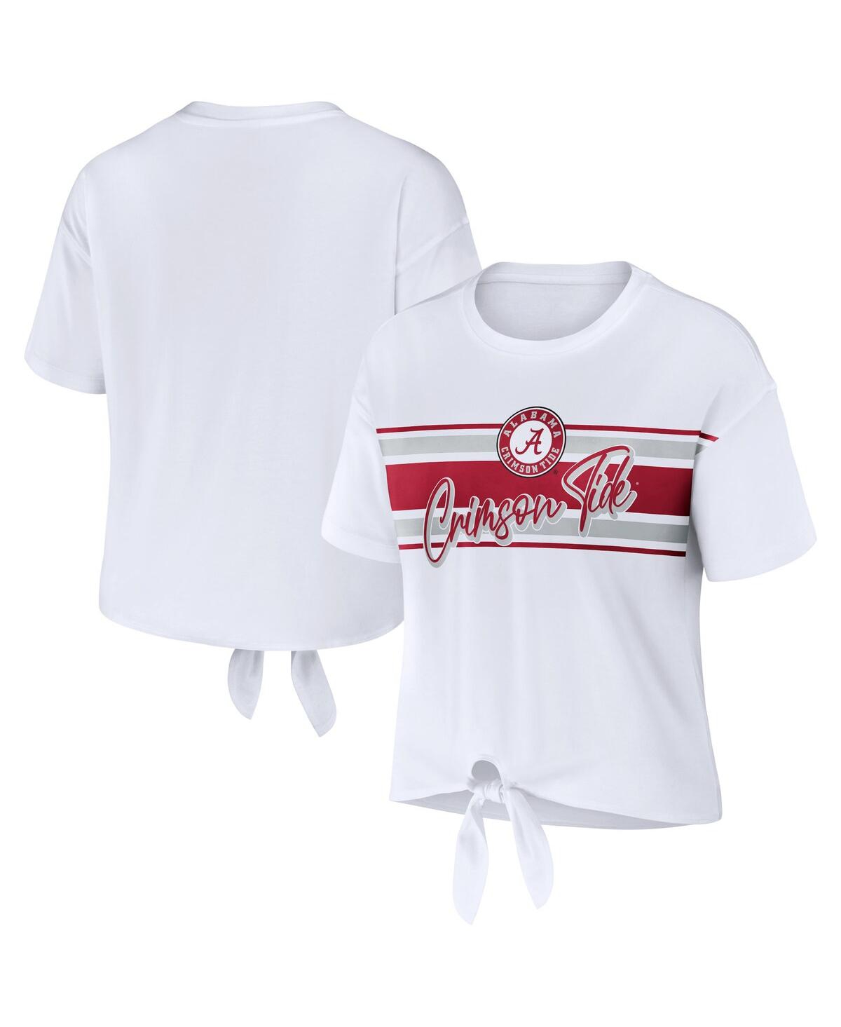 Shop Wear By Erin Andrews Women's  White Alabama Crimson Tide Striped Front Knot Cropped T-shirt