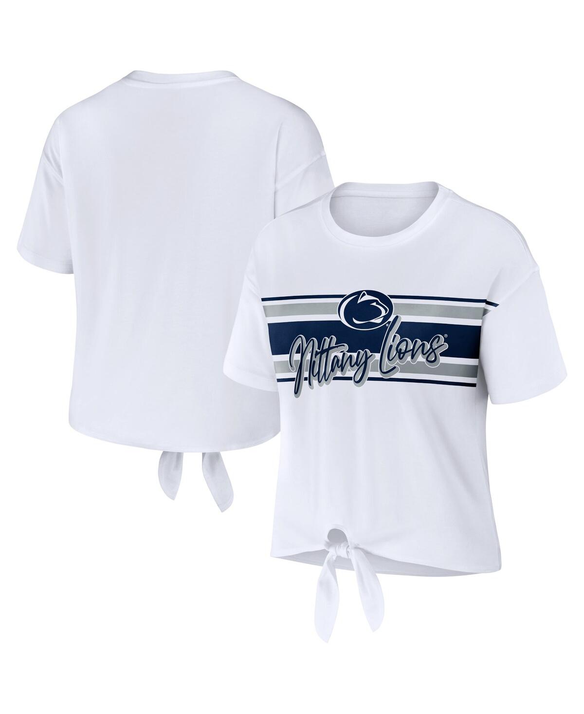Wear By Erin Andrews Women's  White Penn State Nittany Lions Striped Front Knot Cropped T-shirt