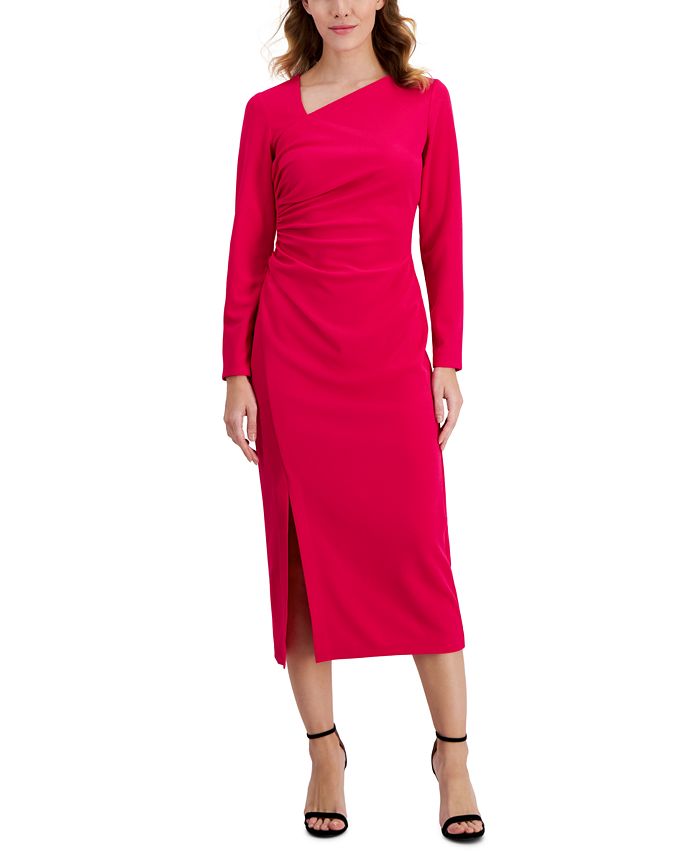 Anne Klein Women's Asymmetrical-Neck Ruched Midi Dress - Macy's