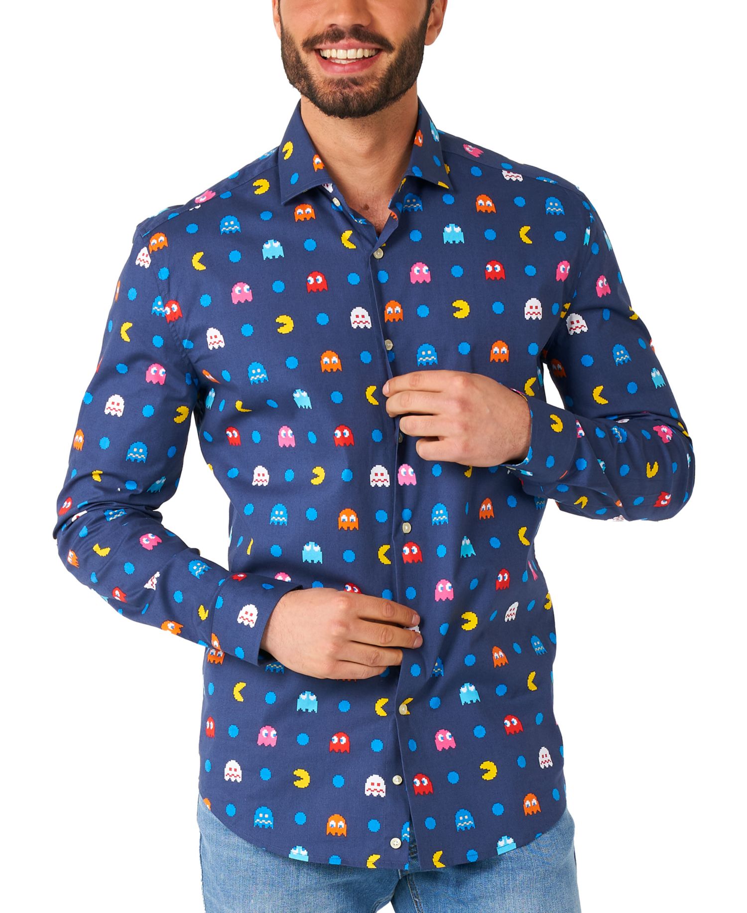 Big & Tall Pixel Official PAC-MAN Shirt - Retro Gaming Outfit - Including 1 Button- Up Shirt - Blue - Long sleeve