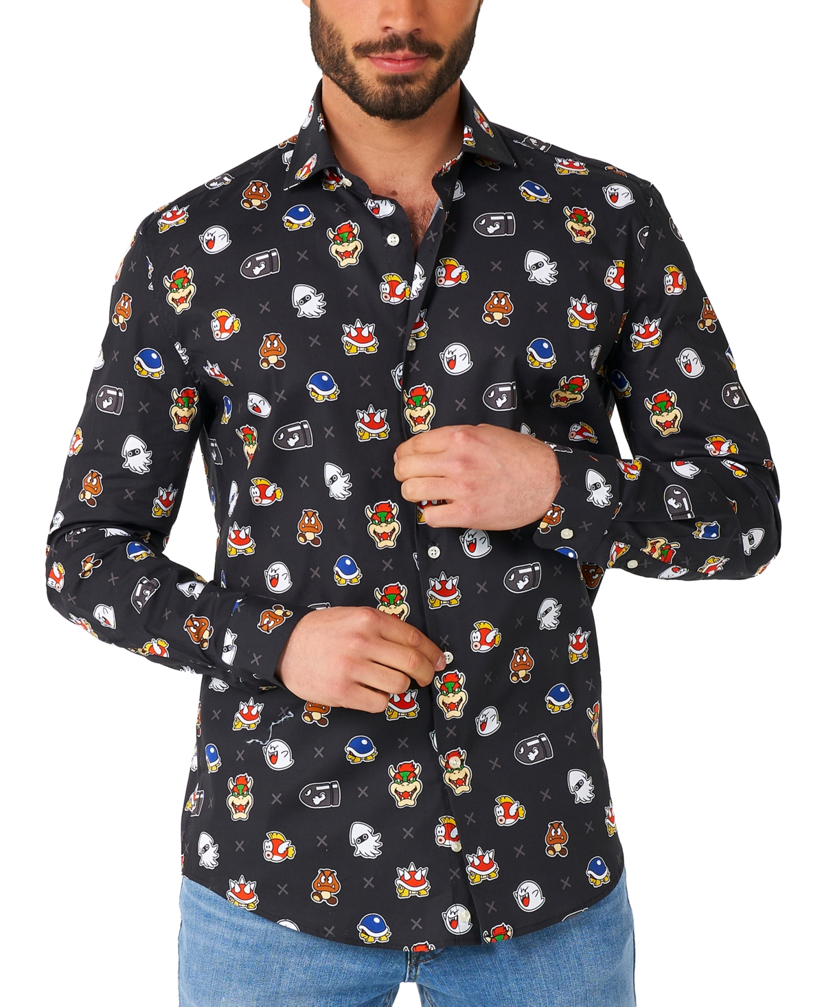 Men's Long-Sleeve Super Mario Bad Guys Graphic Shirt - Black