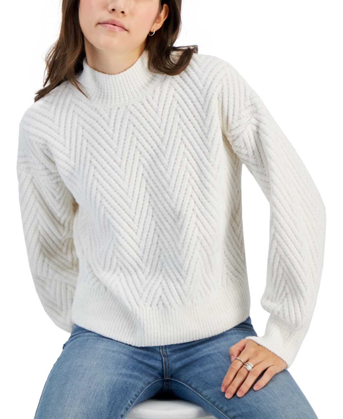Hippie Rose Juniors' Mock-neck Long-sleeve Chevron Sweater In Blizzard White