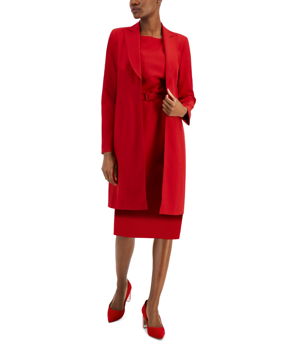 Shop Nipon Boutique Women's Longline Jacket Topper & Belted Sleeveless Sheath Dress In Classic Red