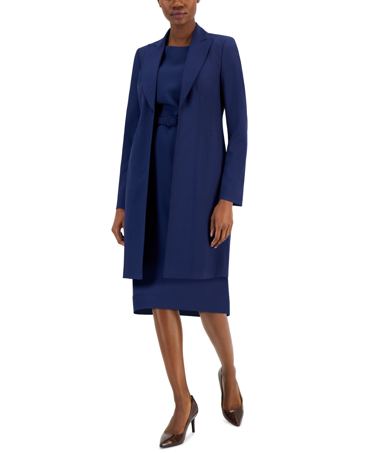 Women's Longline Jacket Topper & Belted Sleeveless Sheath Dress - Bright Navy