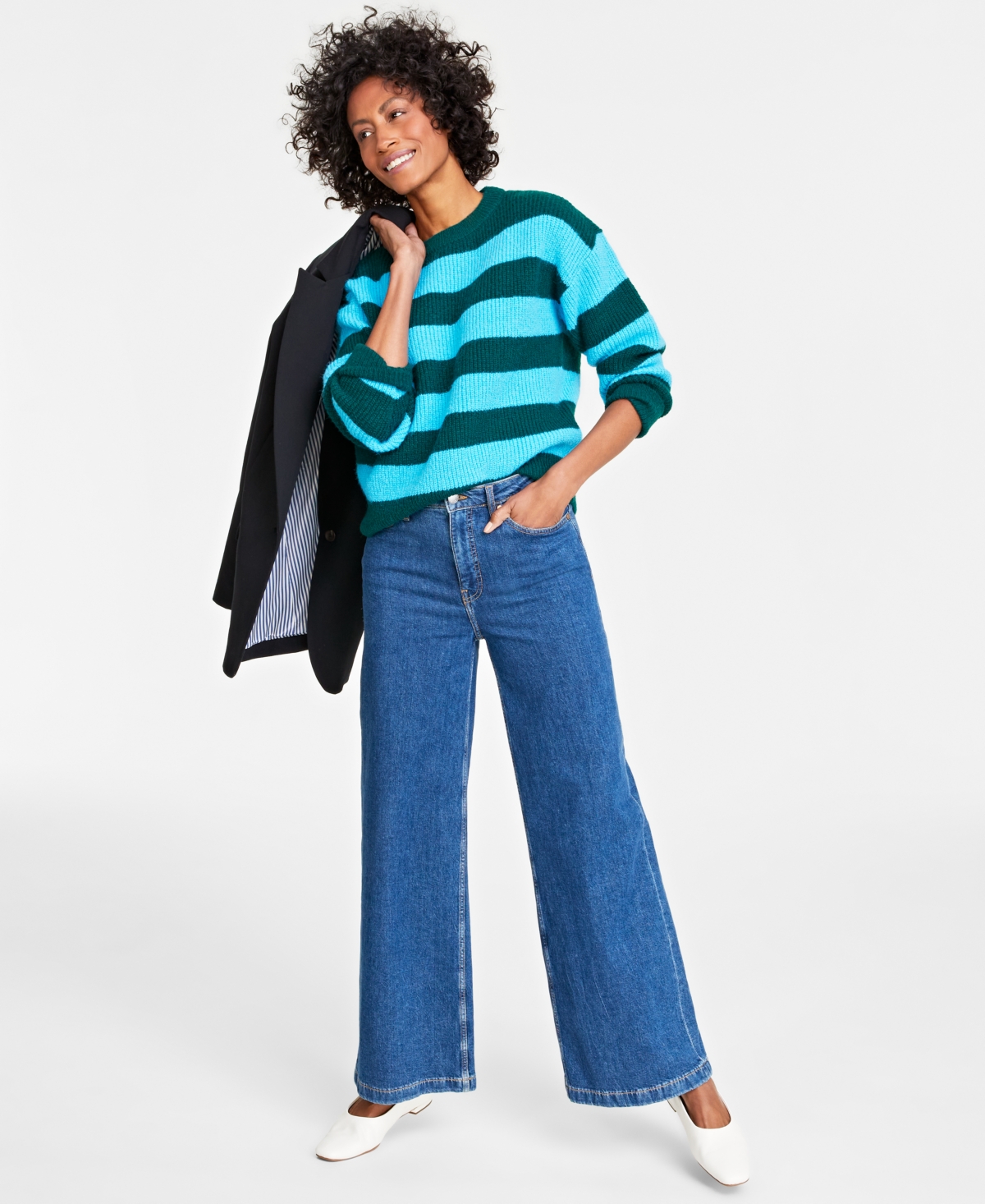On 34th Women's Shaker Crewneck Long-sleeve Sweater, Created For Macy's In Cyan Combo