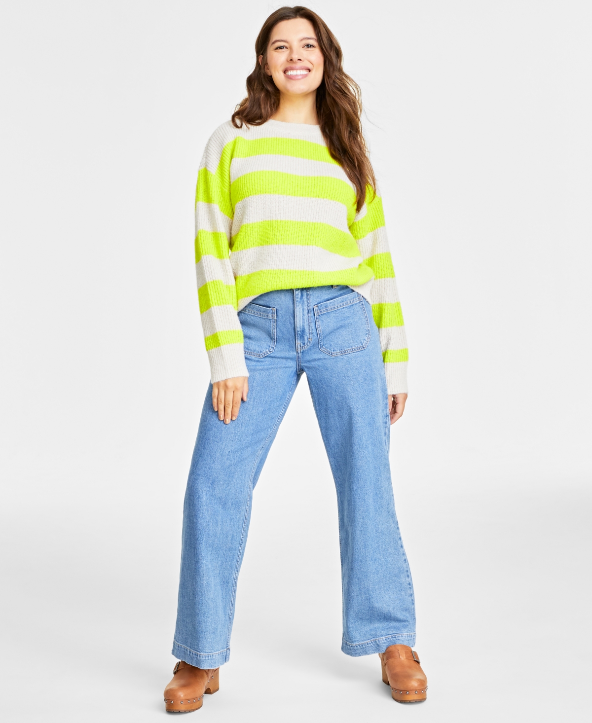 On 34th Women's Shaker Crewneck Long-sleeve Sweater, Created For Macy's In Yellow Combo