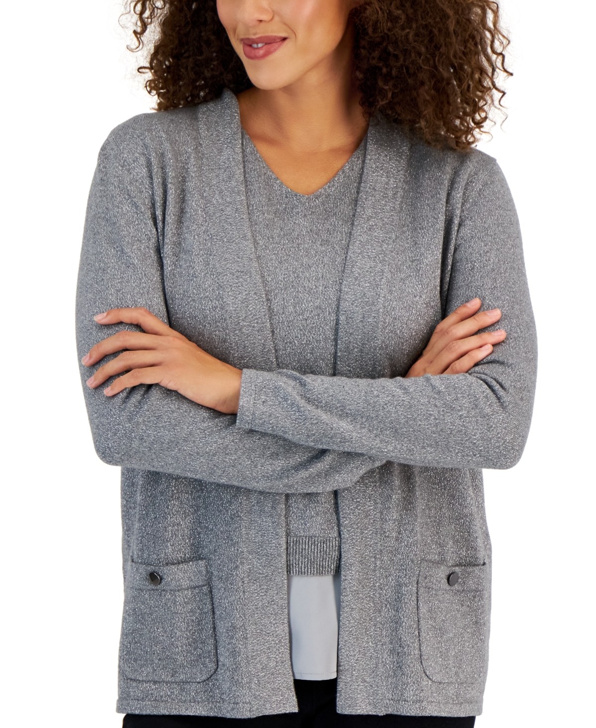 Shop Anne Klein Women's Malibu Metallic Open-front Cardigan Sweater In Medium Heather Grey