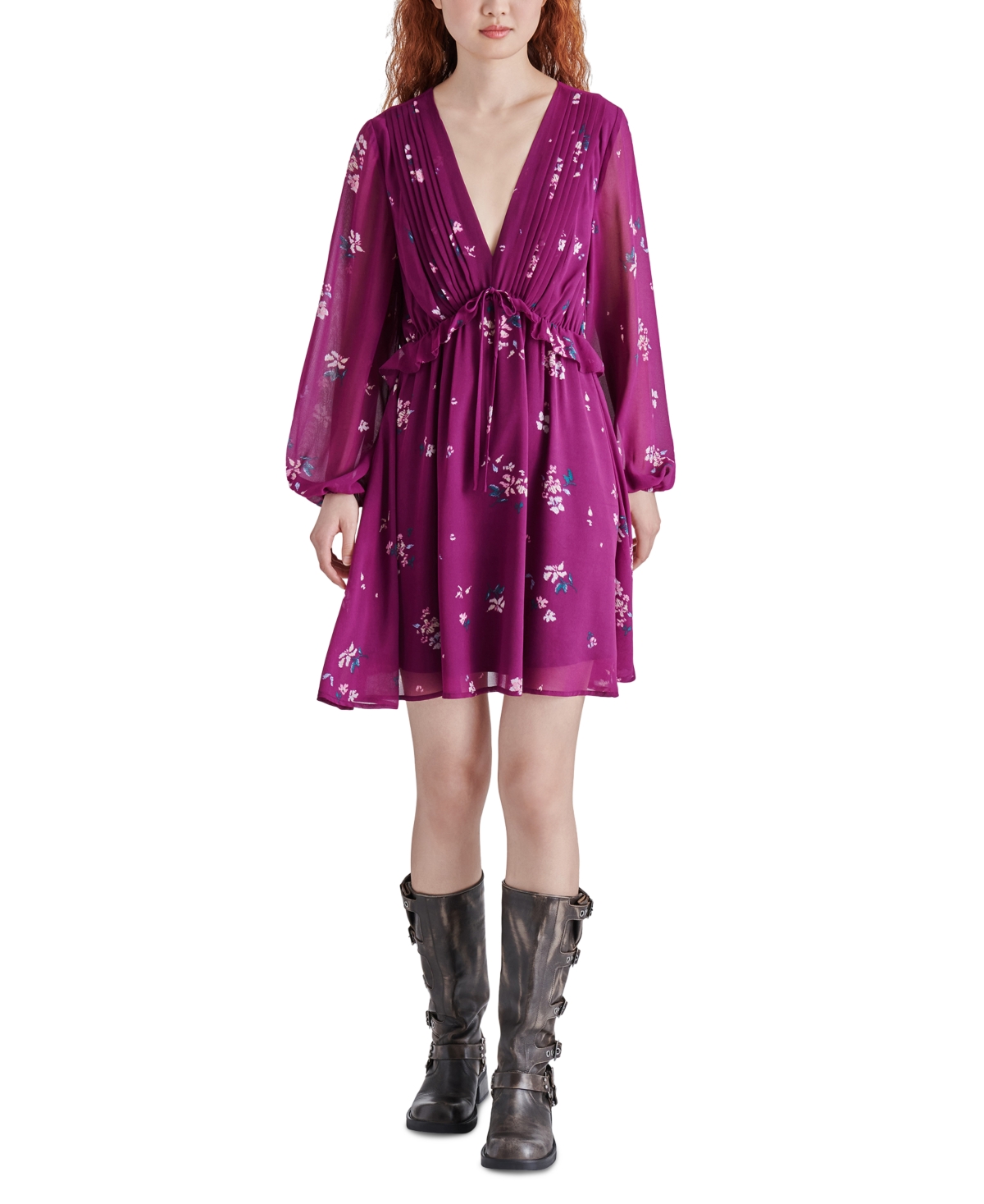 Steve Madden Women's Rami Chiffon Pintuck-detail Floral-print Dress In Plum