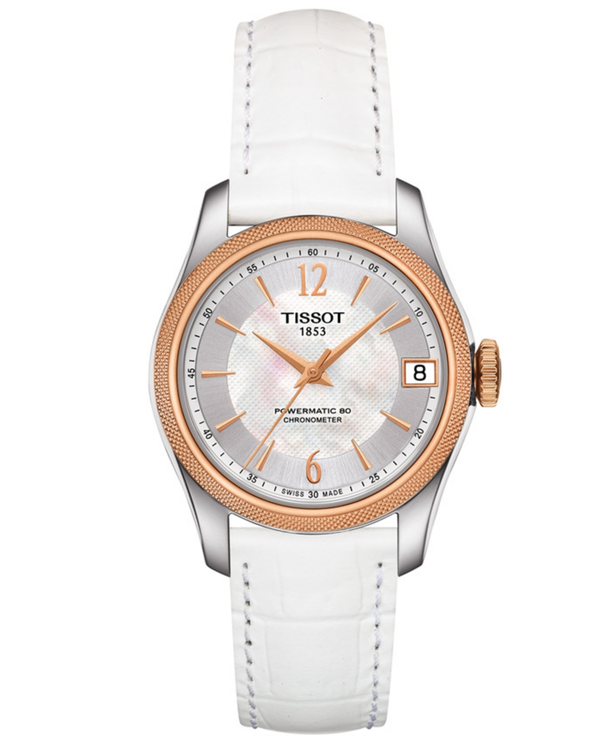 Tissot Women's Swiss Automatic Ballade Powermatic 80 Cosc White Leather Strap Watch 32mm In White Mother Of Pearl