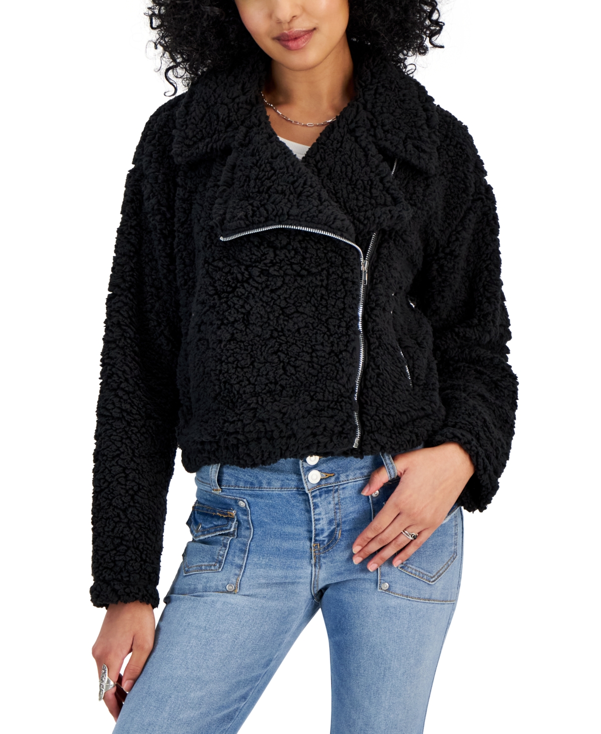 Almost Famous Crave Fame Juniors' Long-sleeve Sherpa Moto Jacket In Black