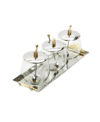 Hammered Tray with 3 Glass Bowls Symmetrical Design, Set of 10