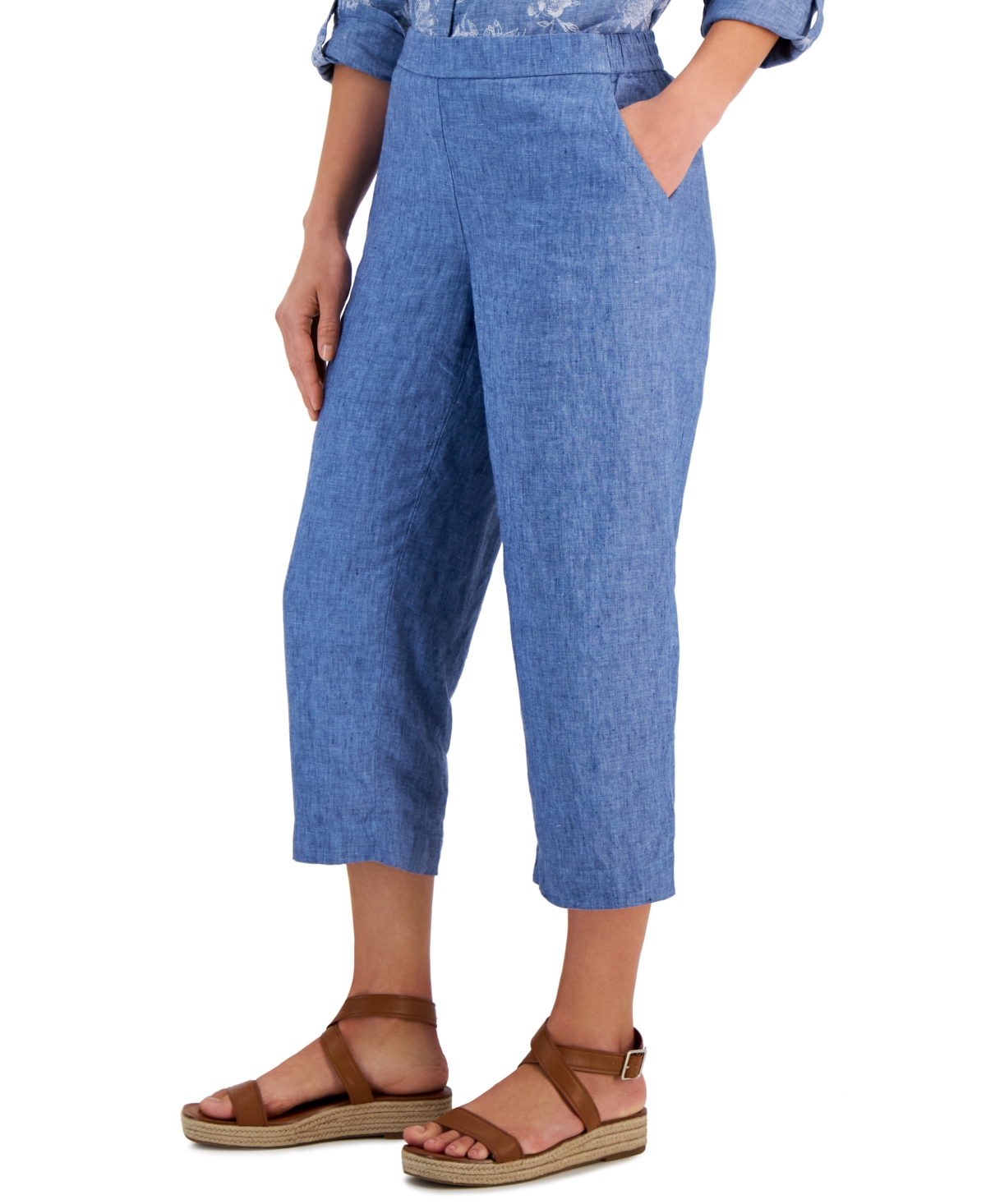 Shop Charter Club Petite 100% Linen Pull-on Cropped Pants, Created For Macy's In Blue Ocean