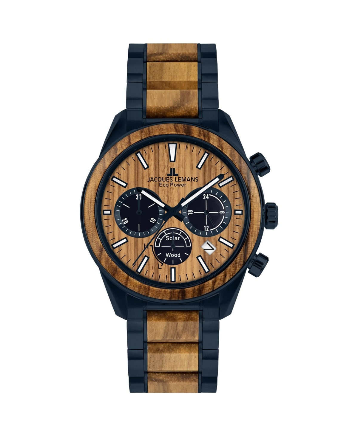 Men's Eco Power Watch with Solid Stainless Steel / Wood Inlay Strap Ip-Blue, Chronograph 1-2115 - Medium brown