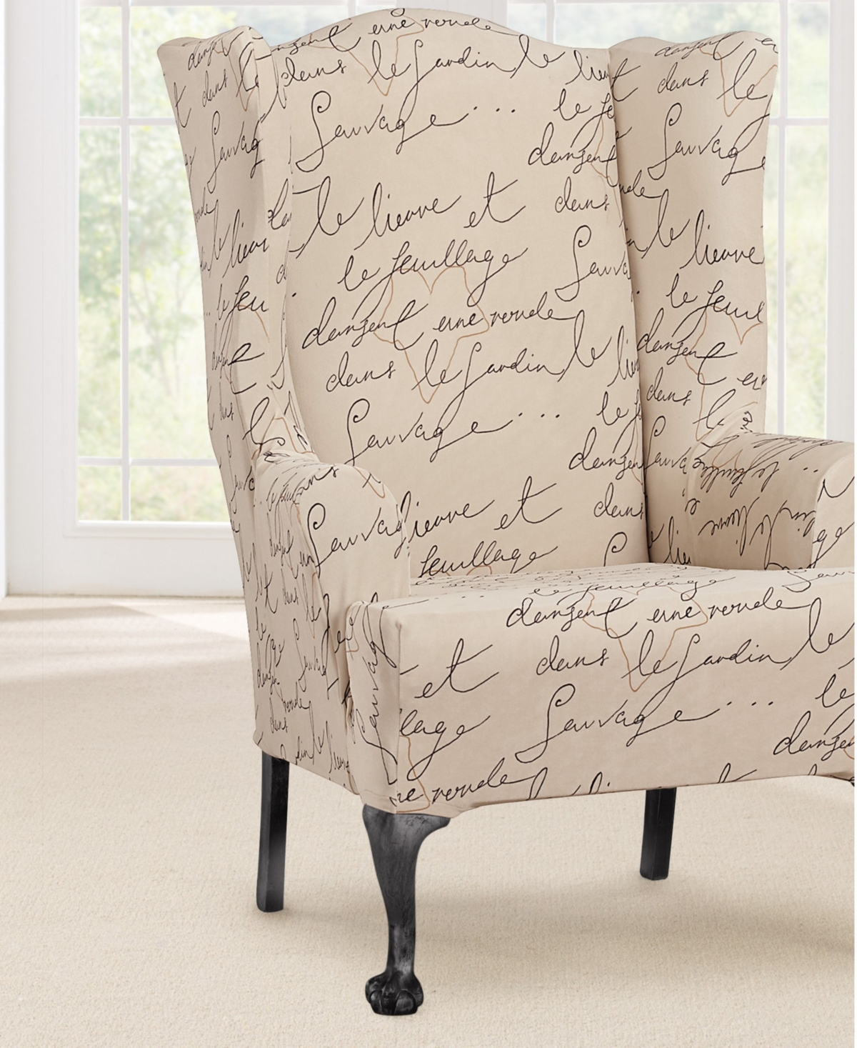 Shop Waverly Stretch Pen Pal Wing Chair Slipcover, 54" X 45" In Parchment