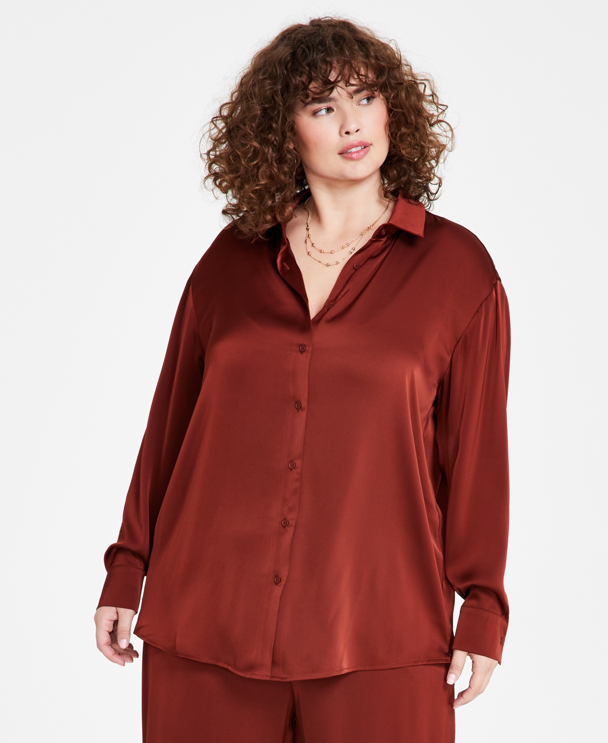 And Now This Trendy Plus Size Satin Button-front Shirt In Sonoma Brick