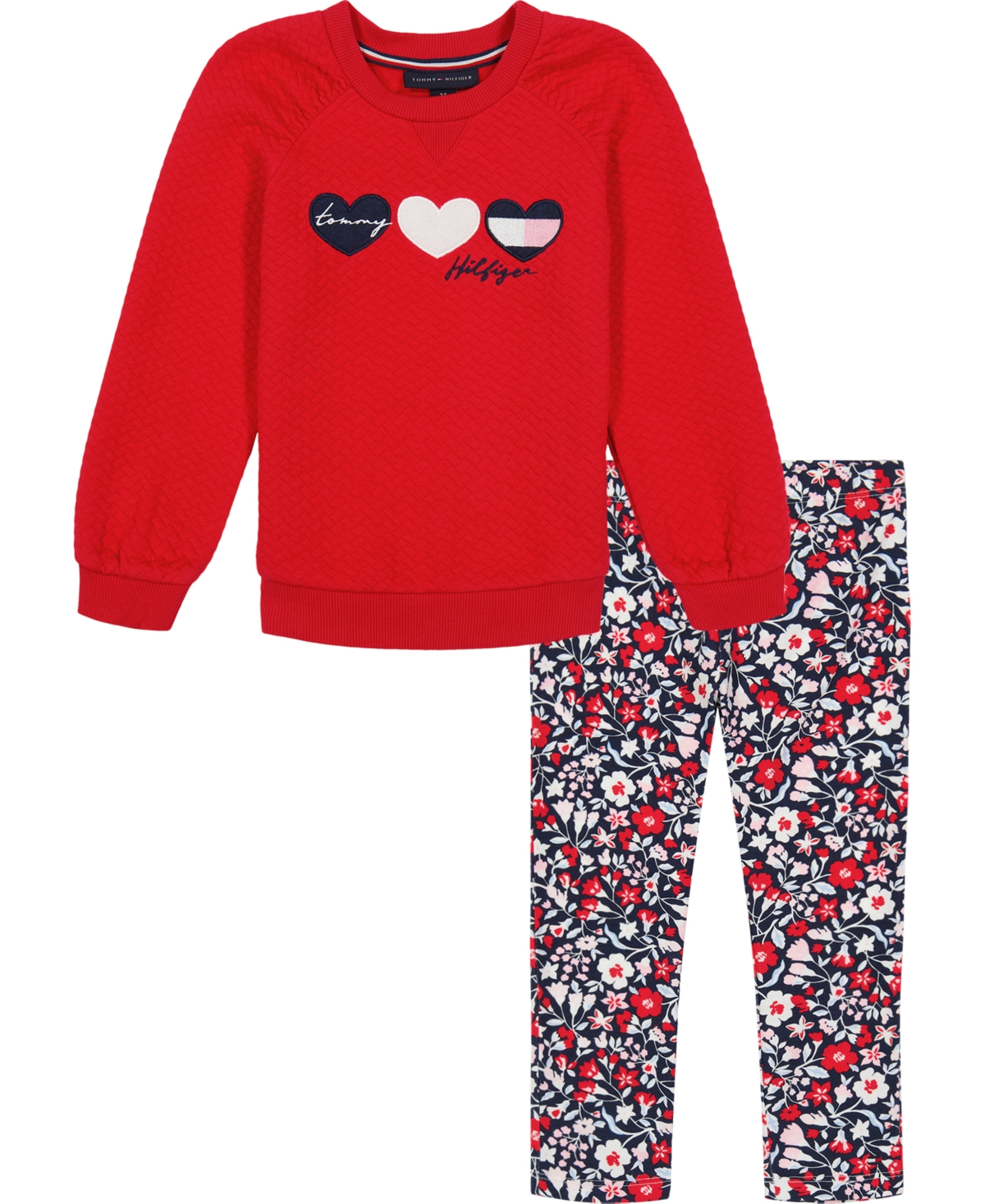 TOMMY HILFIGER TODDLER GIRLS QUILTED RAGLAN TUNIC AND FLORAL LEGGINGS, 2 PIECE SET