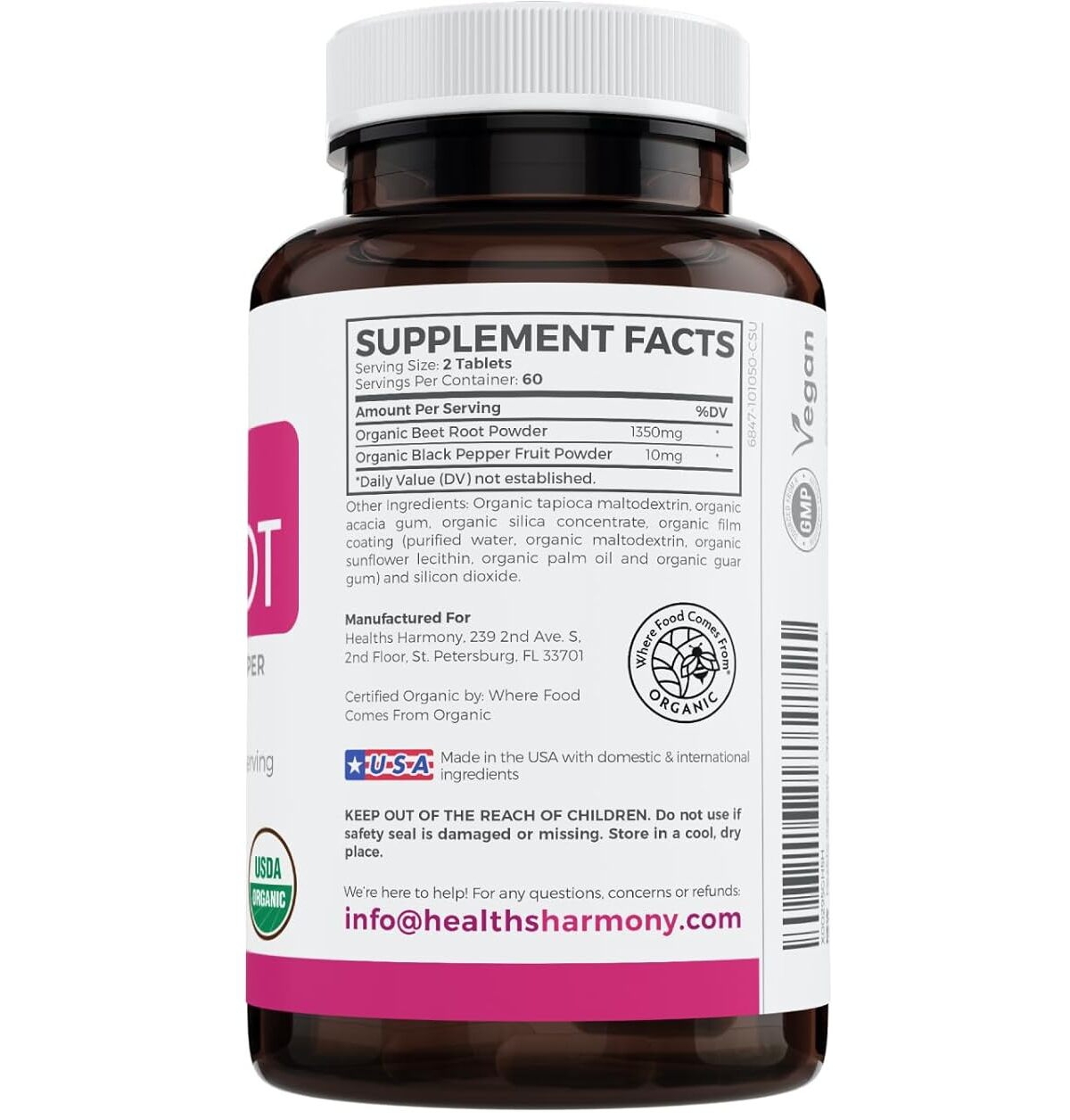 Healths Harmony Organic Beet Root Tablets, Super Antioxidant and Nitrate Supplement for Blood Pressure and Stamina, Health's Harmony, 120ct