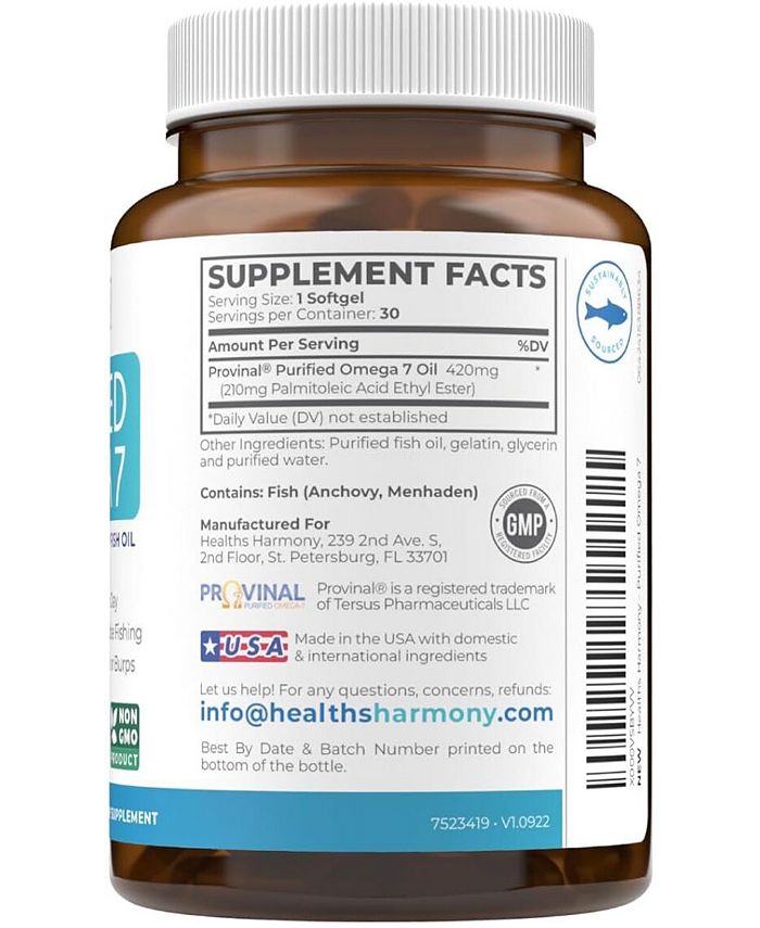 Healths Harmony Purified Omega 7 Softgels (NonGMO) Provinal Provides a