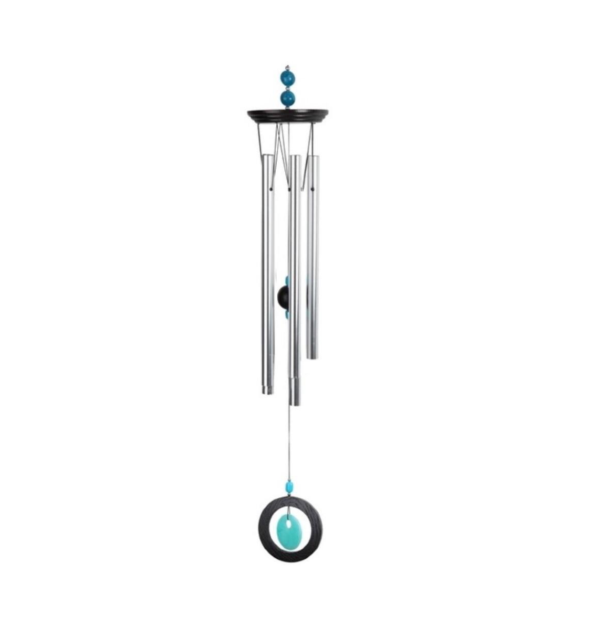 34" Long Wooden Top Blue Geode Wind Chime - Silver