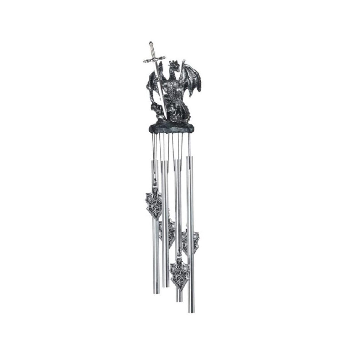 23" Long Silver Dragon Round Top Wind Chime with Sword - Silver
