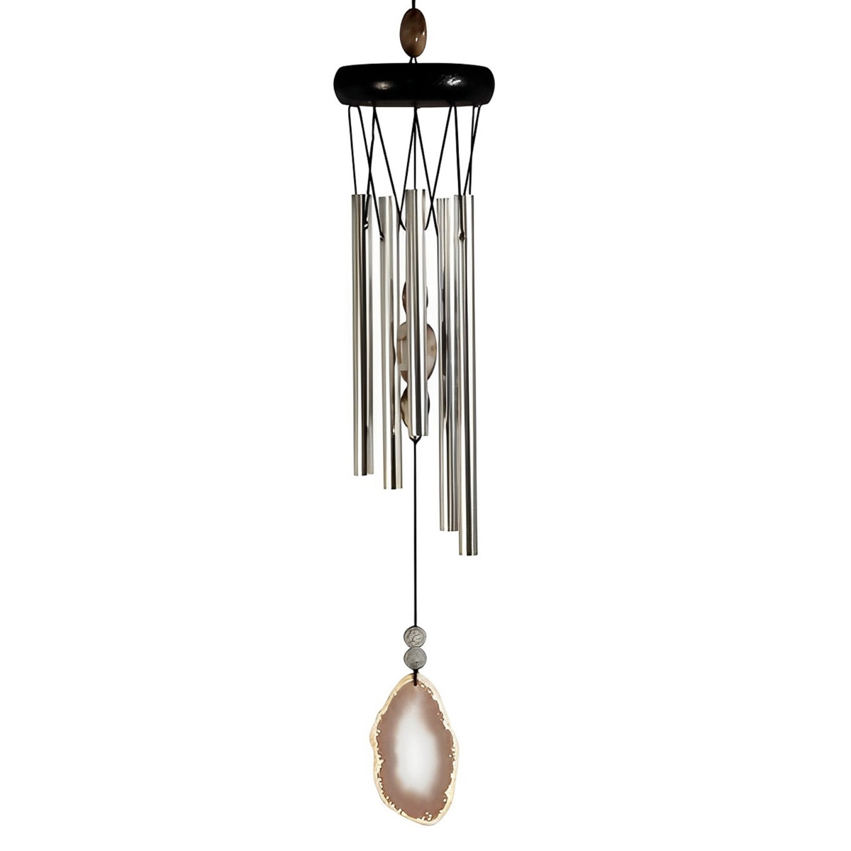 20" Long Wooden Top Geode Wind Chime with White Gem Home Decor Perfect Gift for House Warming, Holidays and Birthdays - Silver