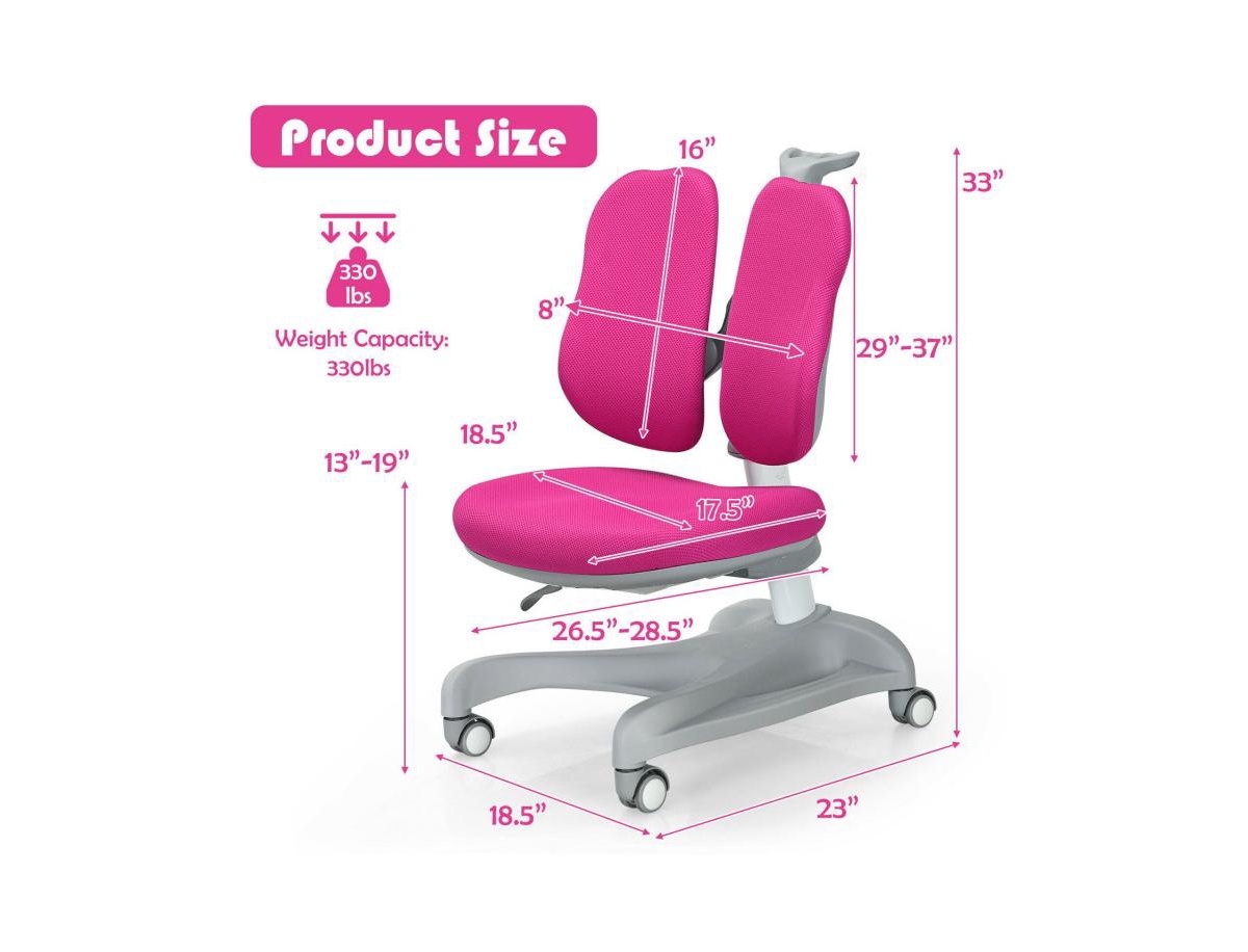 Slickblue Adjustable Height Student Chair with Sit-Brake Casters and Lumbar Support for Home and School- Pink