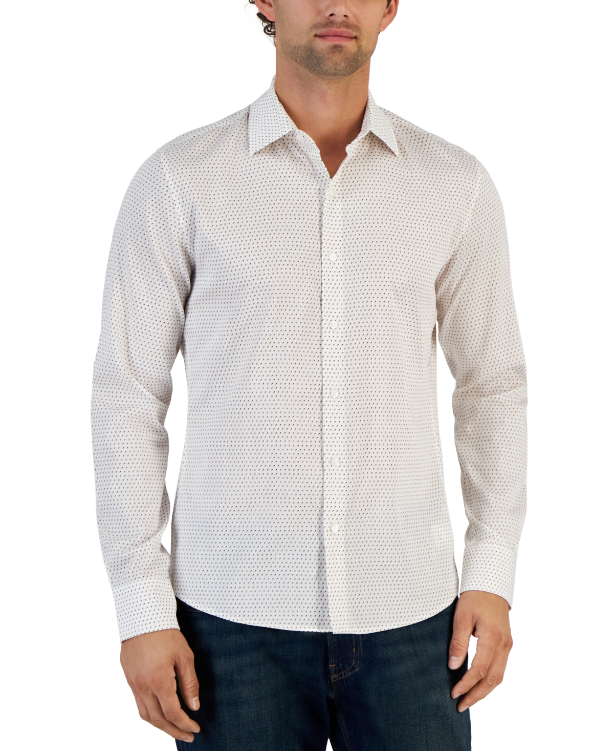 Michael Kors Men's Slim-fit Long Sleeve Micro-print Button-front Shirt In White
