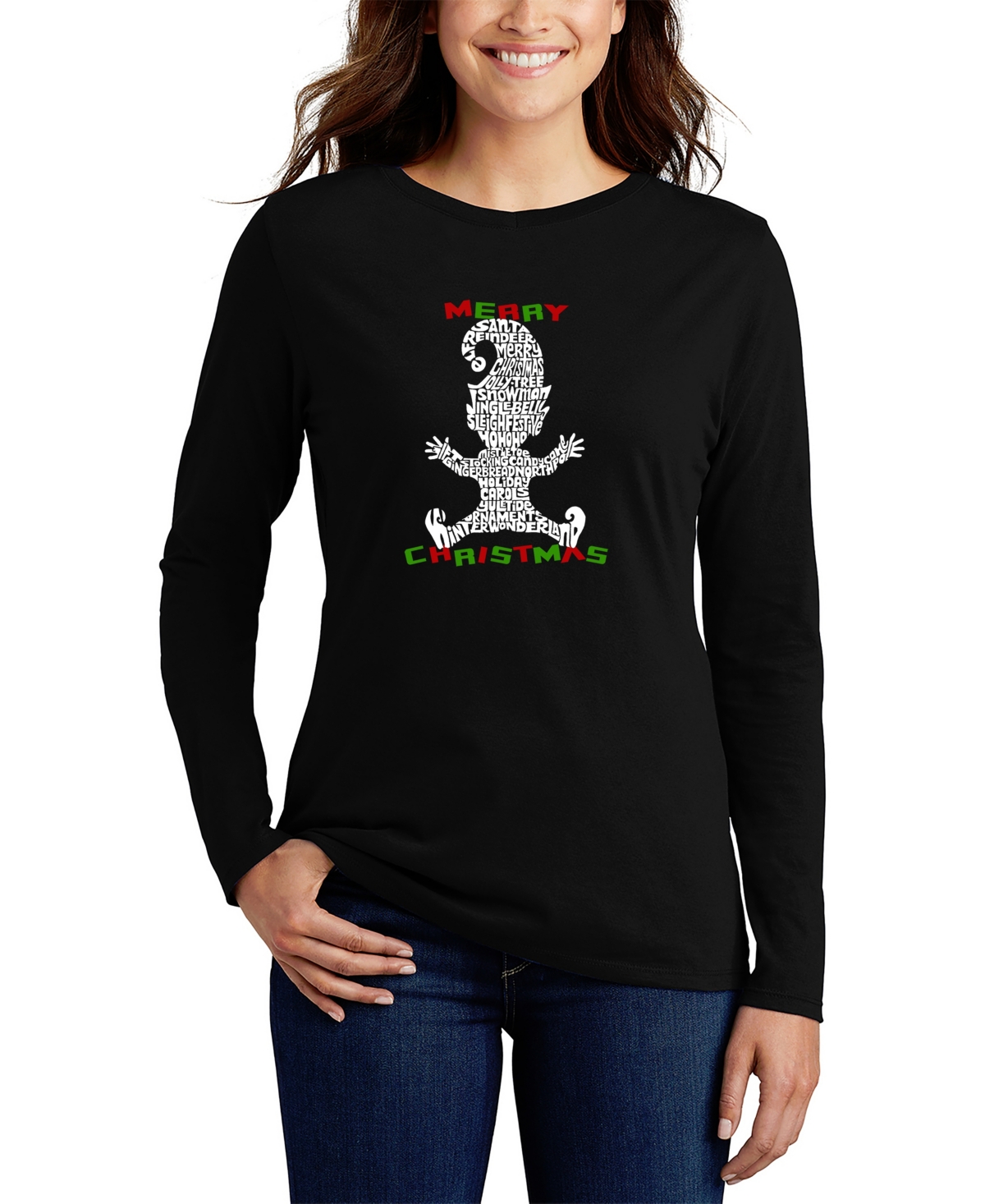 La Pop Art Women's Christmas Elf Word Art Long Sleeve T-shirt In Black