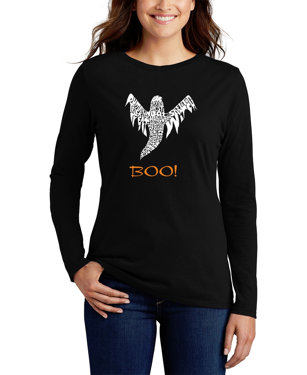 Women's Halloween Ghost Word Art Long Sleeve T-shirt - Black