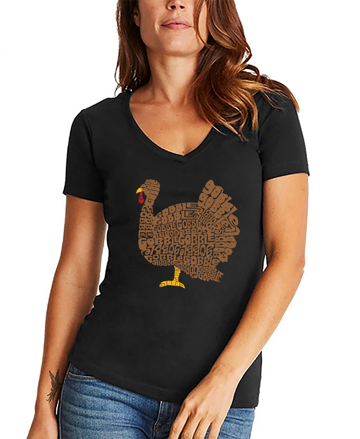 La Pop Art Women's Thanksgiving Word Art V-neck T-shirt In Black