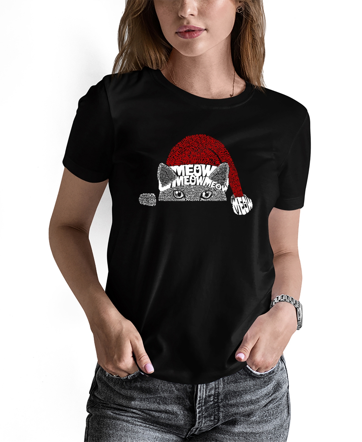 La Pop Art Women's Christmas Peeking Cat Word Art Short Sleeve T-shirt In Black