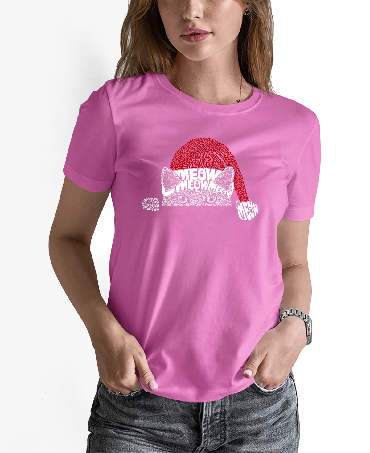 La Pop Art Women's Christmas Peeking Cat Word Art Short Sleeve T-shirt In Pink