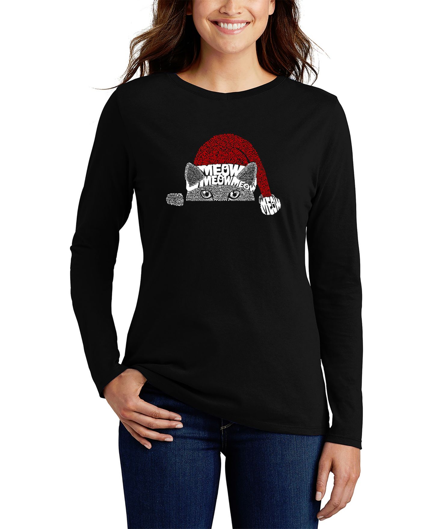 Женская футболка LA Pop Art Christmas Peeking Cat Word Art Long Sleeve, цвет: Чёрный — фото 1