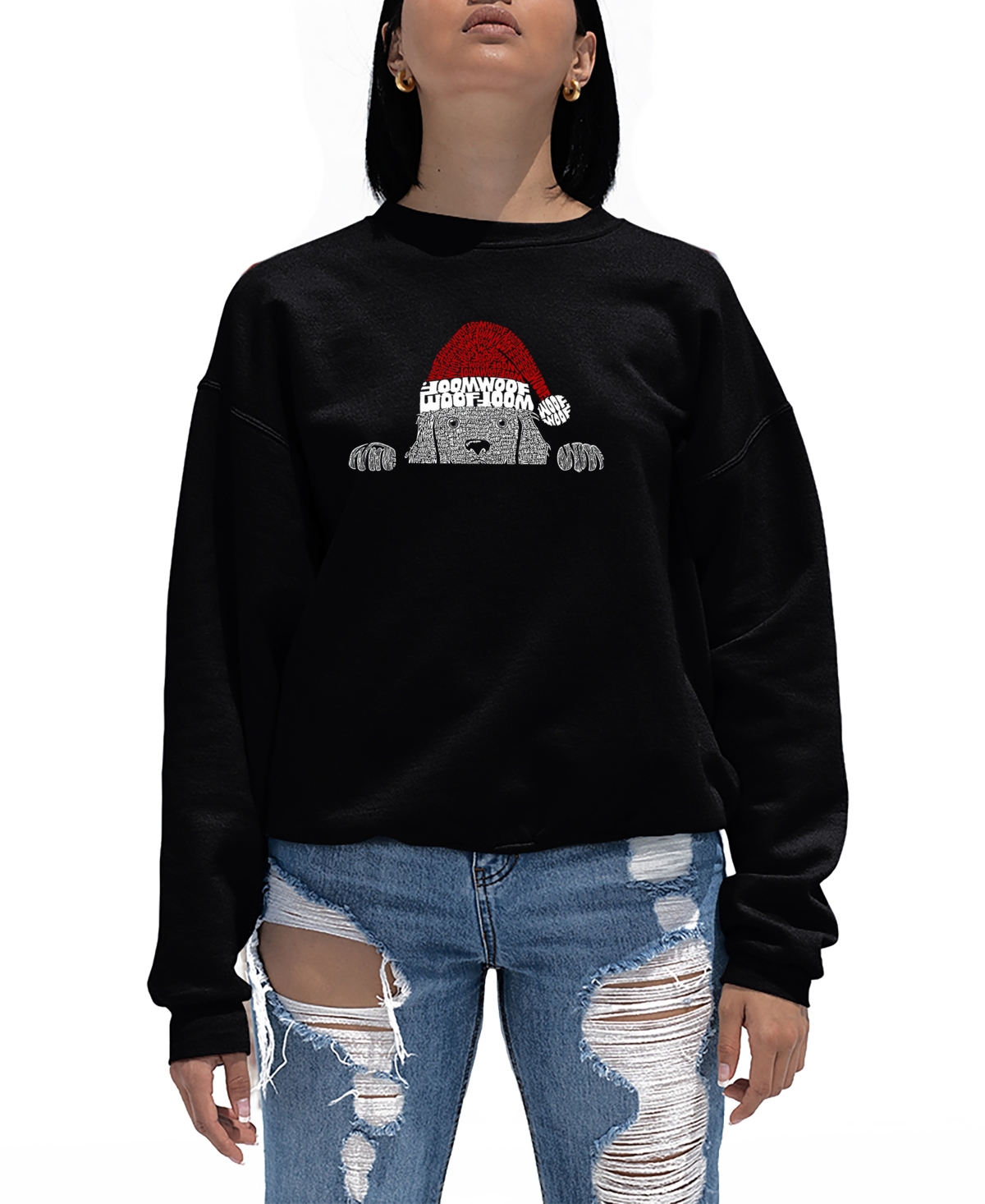 La Pop Art Women's Christmas Peeking Dog Word Art Crewneck Sweatshirt In Black