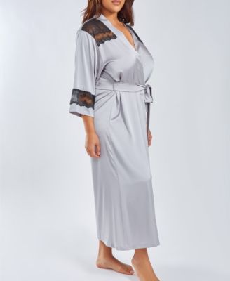 Plus Size Silky Stretch Satin Long Robe with Lace Trims