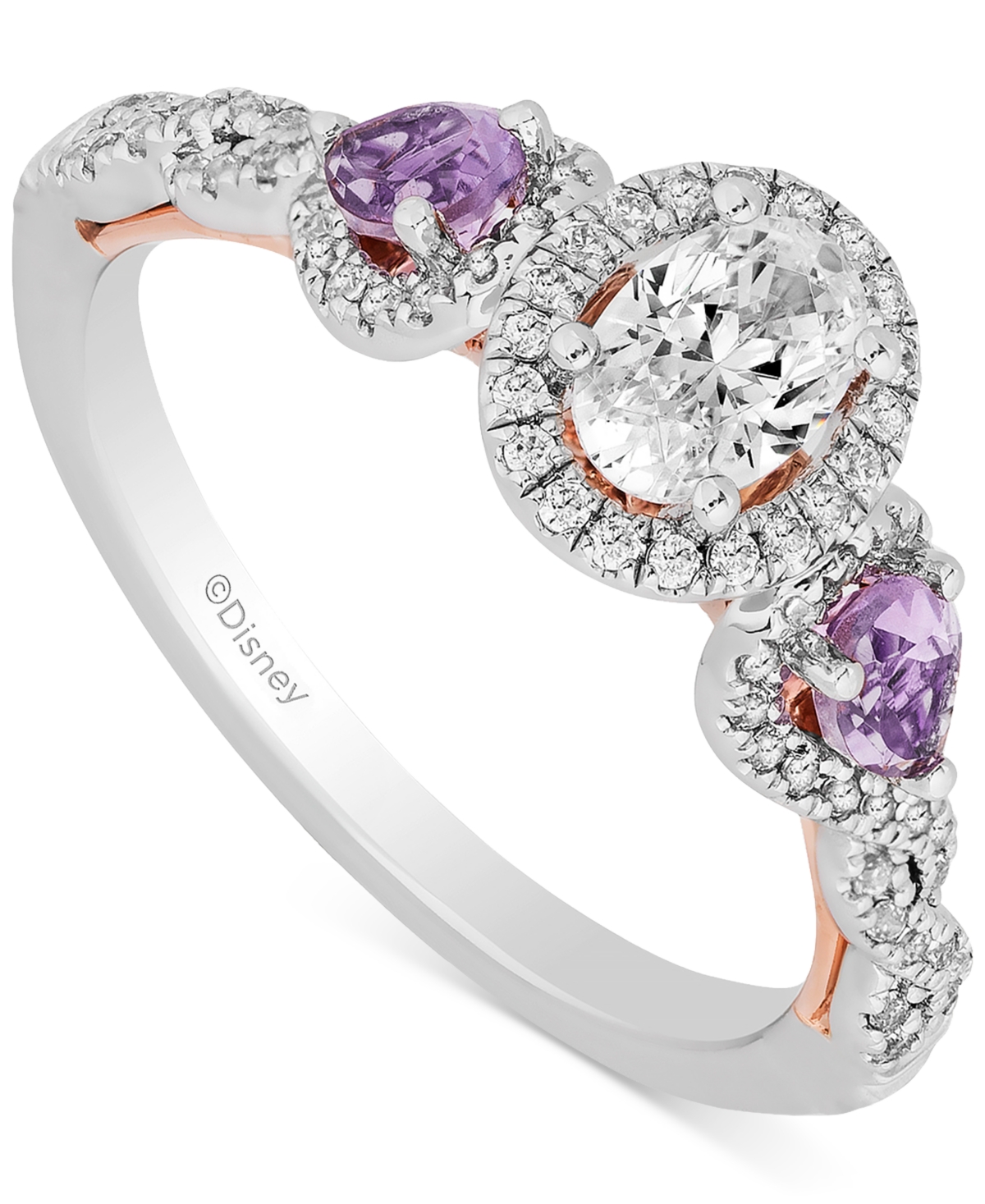 Enchanted Disney Fine Jewelry Diamond (3/4 Ct. T.w.) & Rose De France Amethyst (1/3 Ct. T.w.) Rapunzel Halo Ring In 14k White & Ro In Two Tone