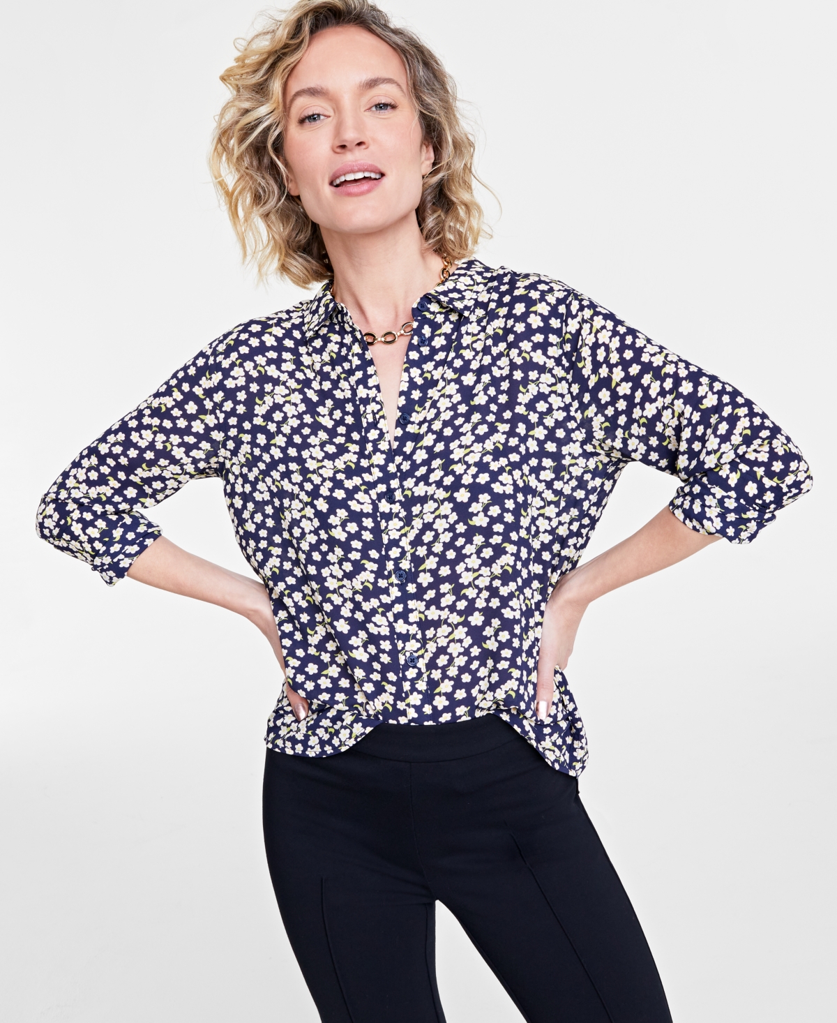 Women's Button-Front Crepe Shirt, Created for Macy's - Bonbon Combo