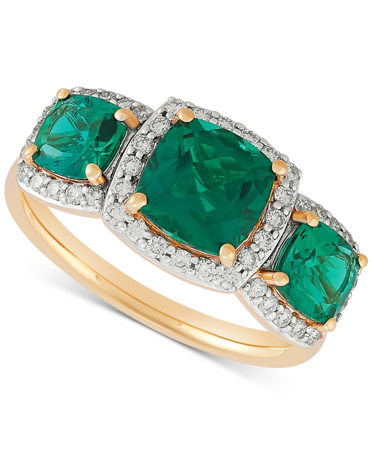 Lab Grown Emerald (2-1/4 ct. t.w.) & Lab Grown Diamond (1/3 ct. t.w.) Three Stone Halo Statement Ring in 14k Gold - Emerald