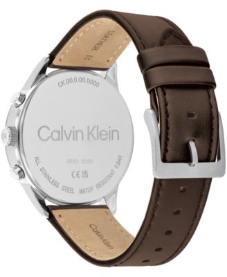 Men's Multi-Function Brown Leather Strap Watch 44mm